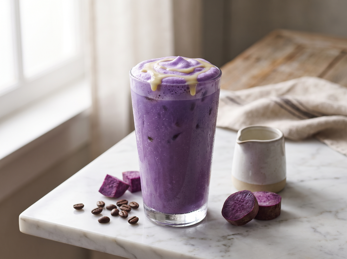 Iced purple ube latte in a glass