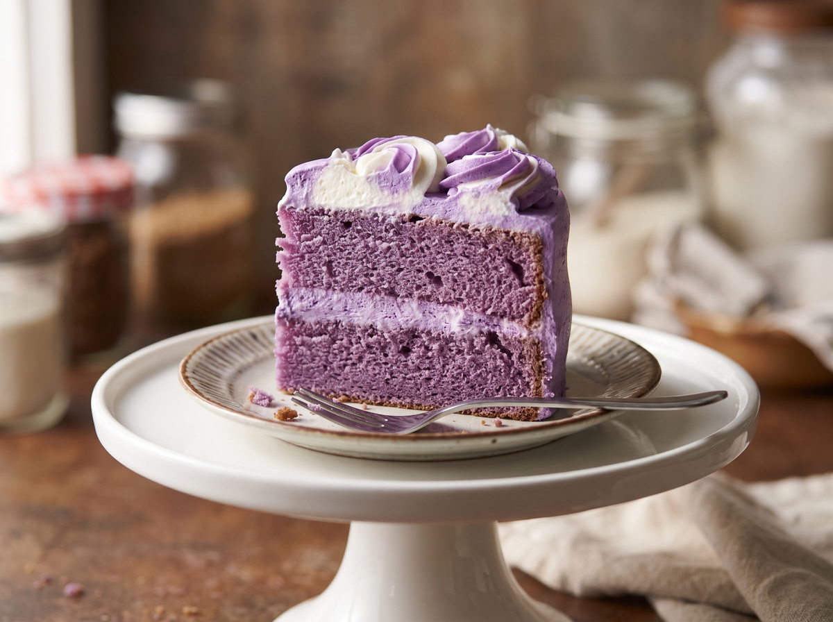 Part de gâteau chiffon violet à l'Ube glacé