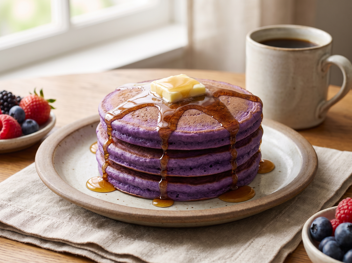 Pile de pancakes violets à l'ube avec sirop d'érable
