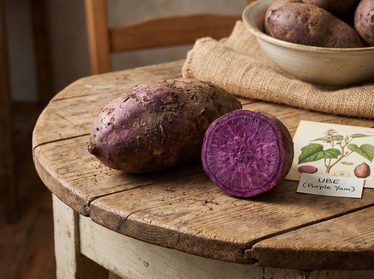 Whole and sliced purple ube yam on a wooden table