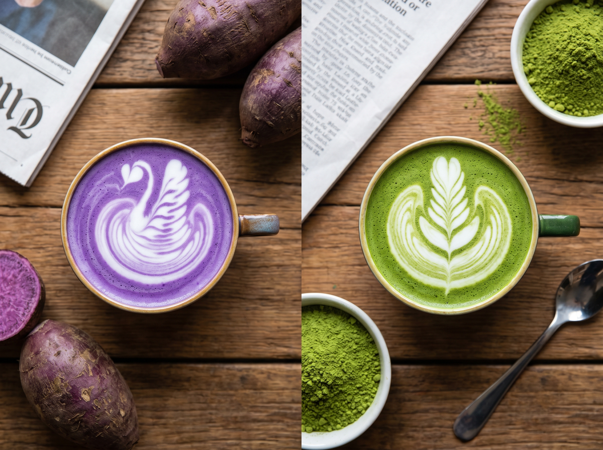 A purple ube latte next to a green matcha latte