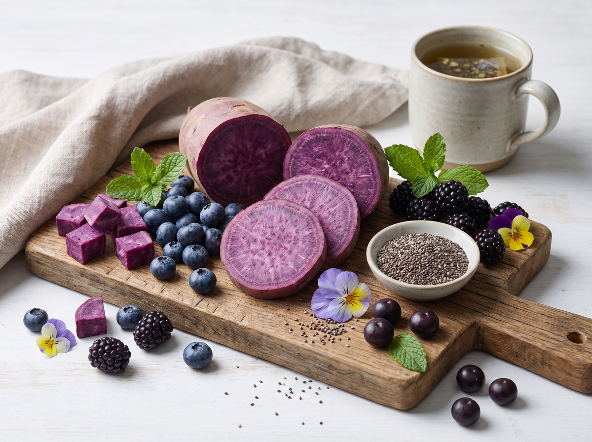 Bodegón saludable con ube morado, rico en antioxidantes