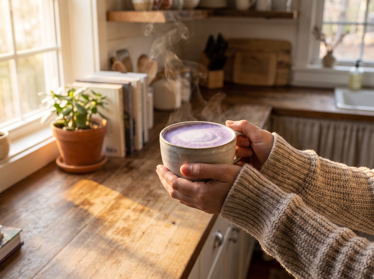 Tasse d'Ube latte tenue le matin dans une cuisine ensoleillée