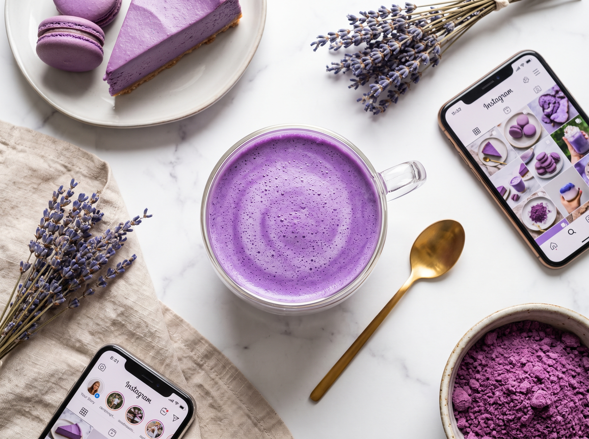 Purple ube latte on a table, styled for social media