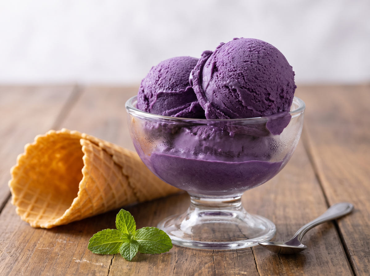 Boules de glace violette à l'ube dans une coupe avec un cornet