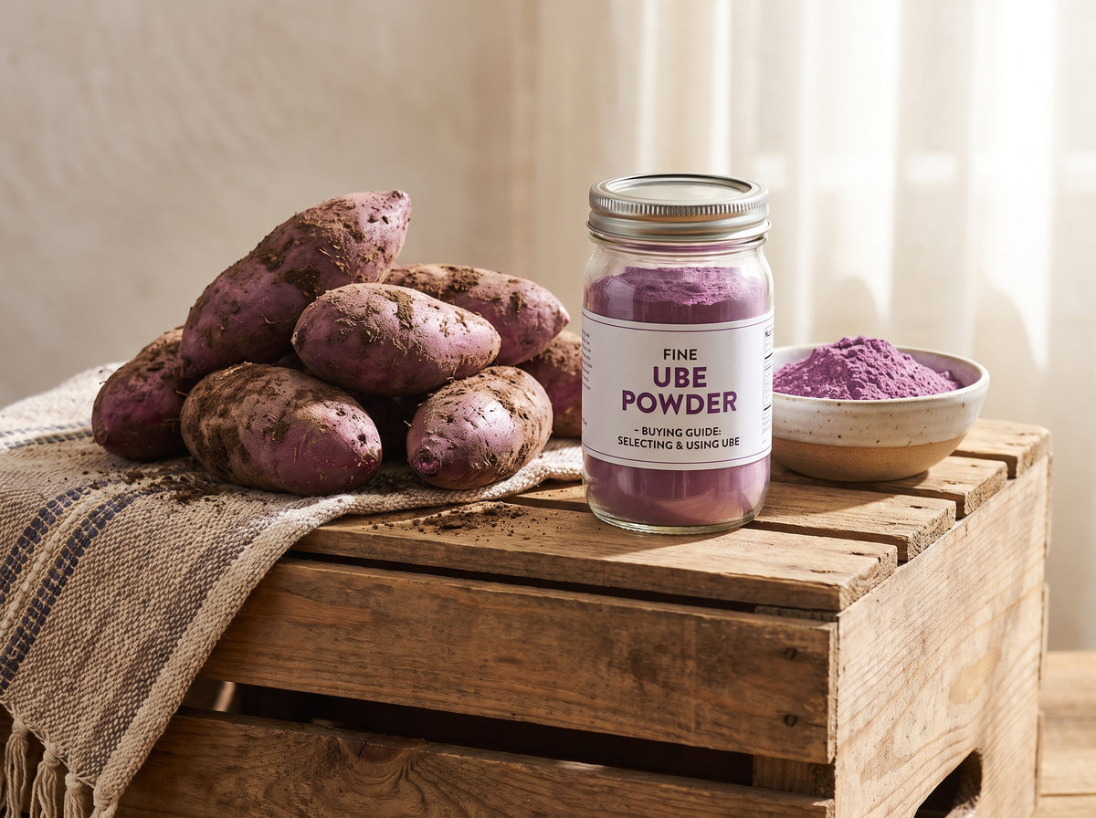 Purple ube tubers and a jar of ube powder ready to buy