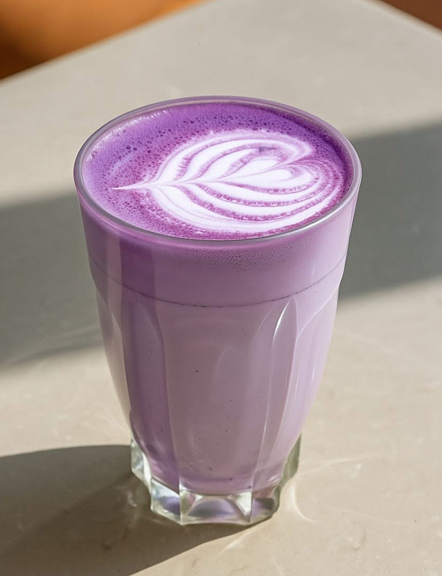 Une tasse d'Ube Latte au repos