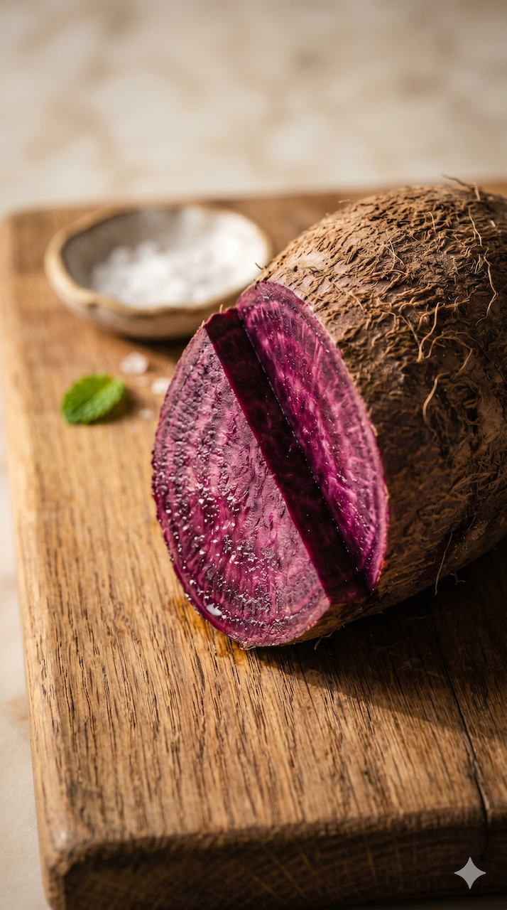 Racine d'igname violette (ube) coupée sur une planche en bois